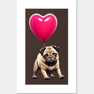 Cute Pug on Valentine's Balloon - Adorable Pug Hanging on Heart Balloon Posters and Art